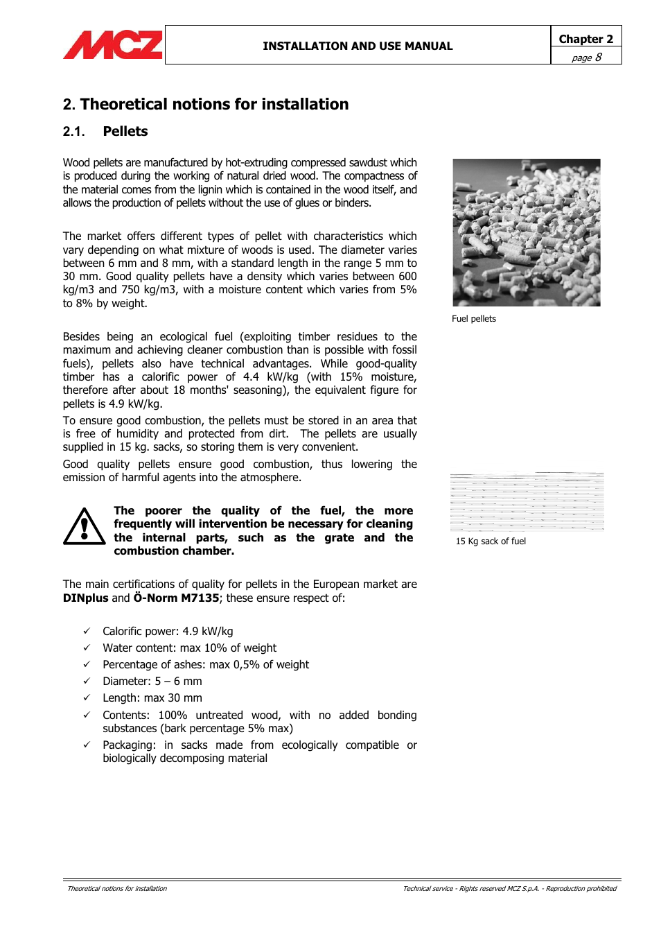 Theoretical notions for installation, Pellets | MCZ PowerTherm User Manual | Page 8 / 61