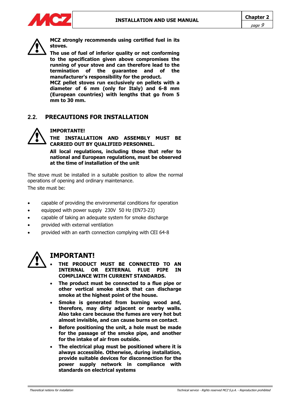 Important | MCZ PowerTherm User Manual | Page 9 / 61