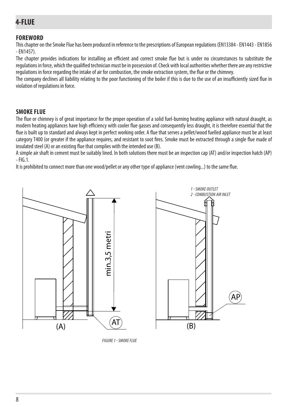 Min.3,5 metr i at (a) ap (b), Flue | MCZ Tube 2013 User Manual | Page 10 / 56