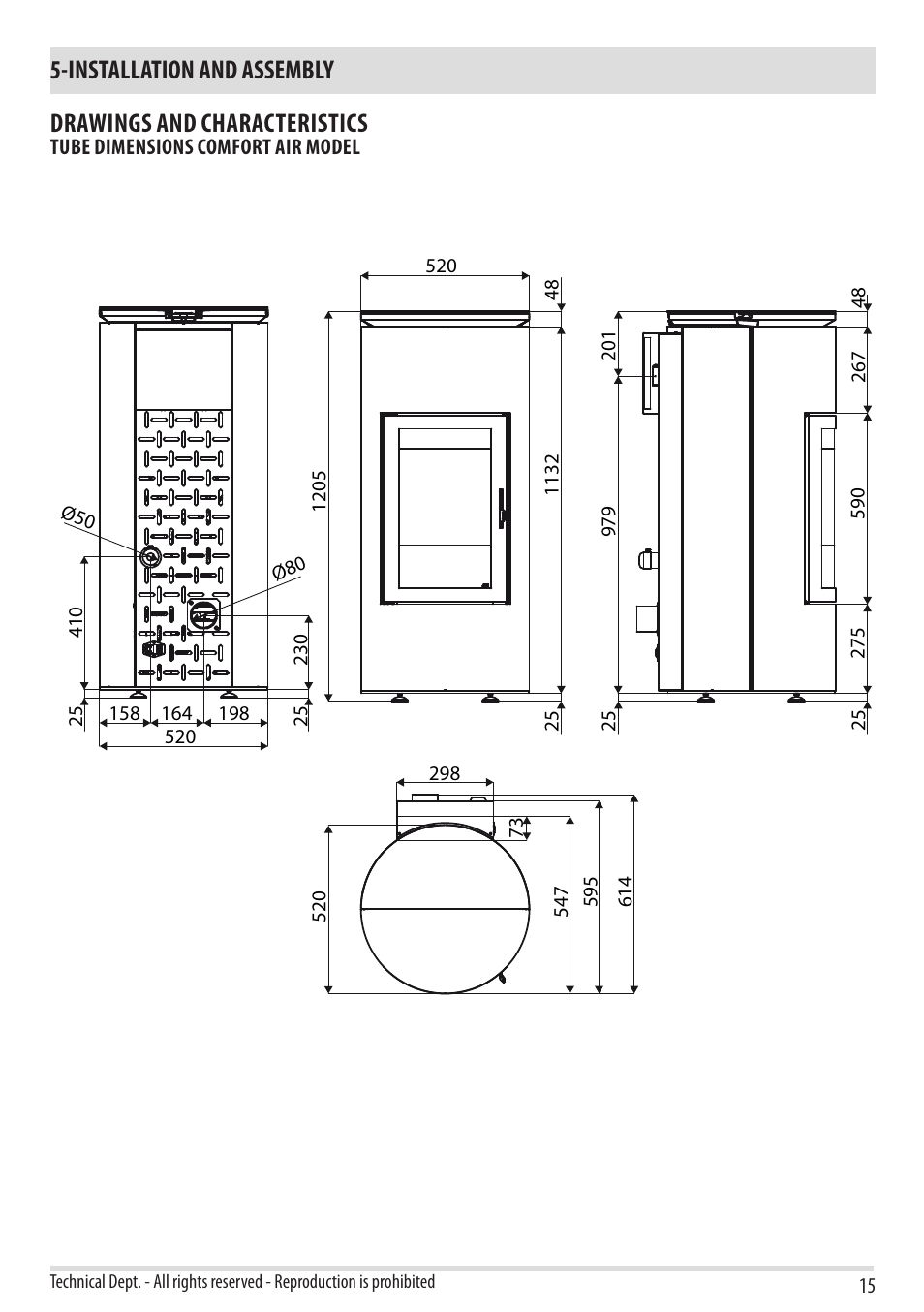 Installation and assembly, Drawings and characteristics | MCZ Tube 2013 User Manual | Page 17 / 56