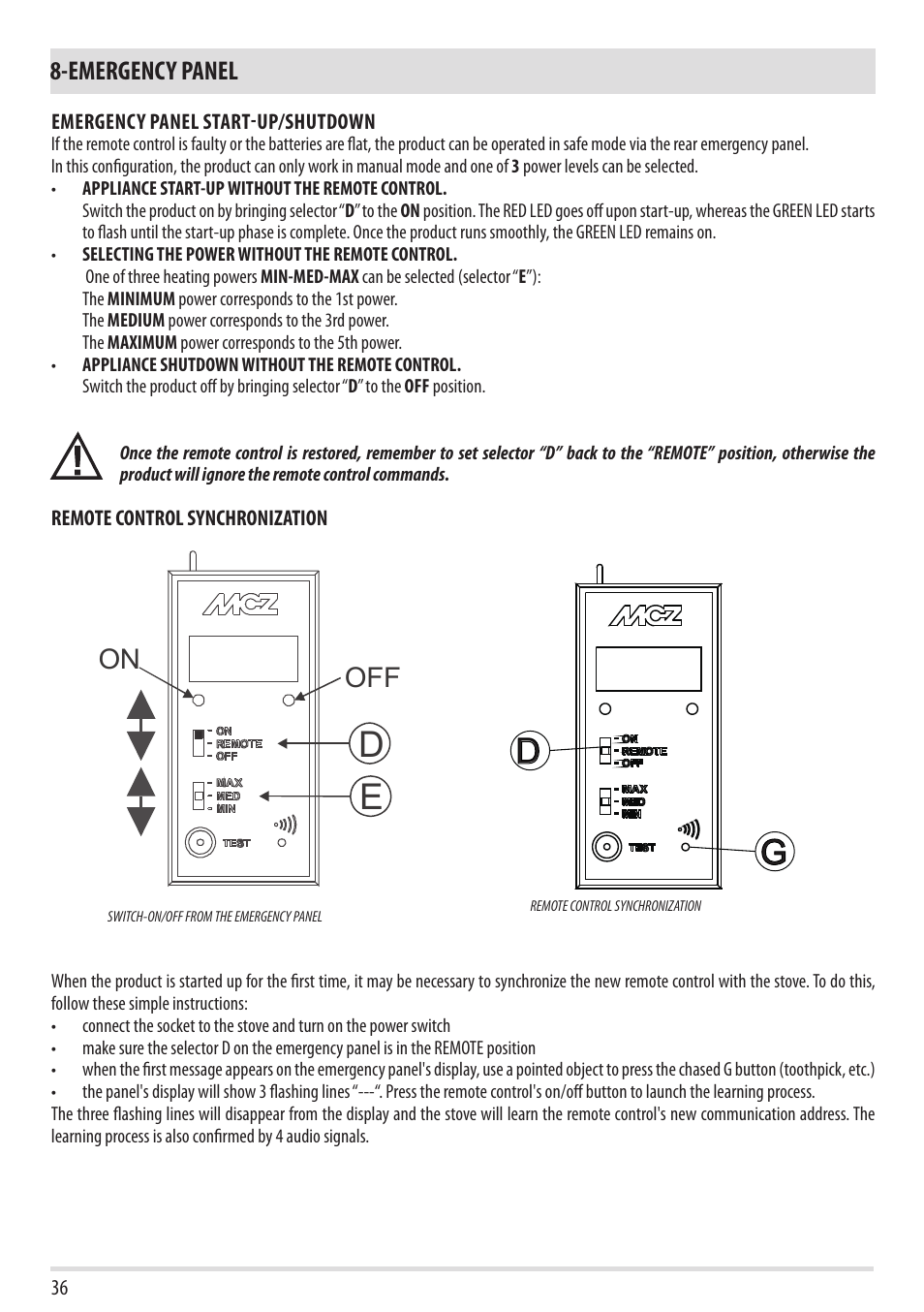 On off, Emergency panel | MCZ Tube 2013 User Manual | Page 38 / 56