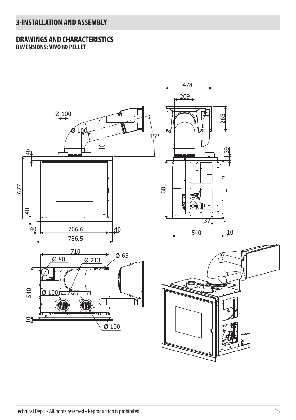 Installation and assembly, Drawings and characteristics | MCZ Vivo 80 Pellet Comfort Air - 2012 User Manual | Page 17 / 57