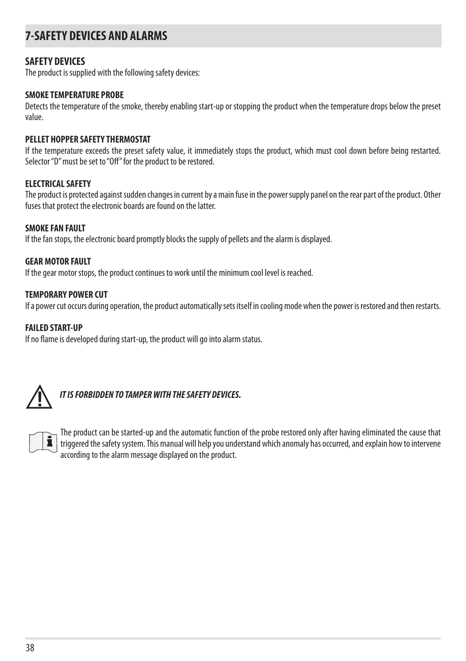 Safety devices and alarms | MCZ Vivo 80 Pellet Comfort Air - 2012 User Manual | Page 40 / 57