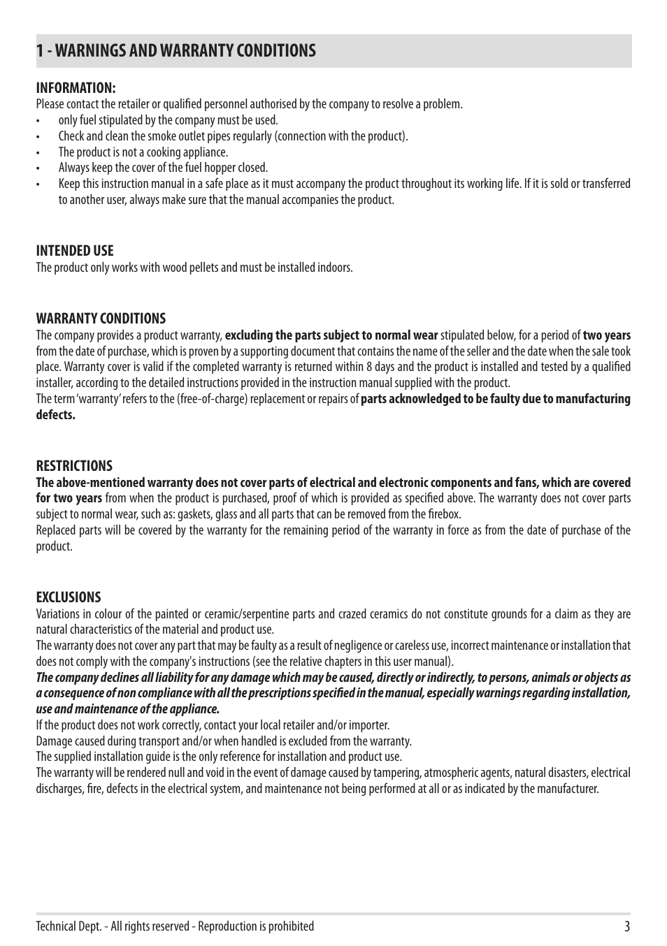 1 - warnings and warranty conditions | MCZ Vivo 80 Pellet Comfort Air - 2012 User Manual | Page 5 / 57