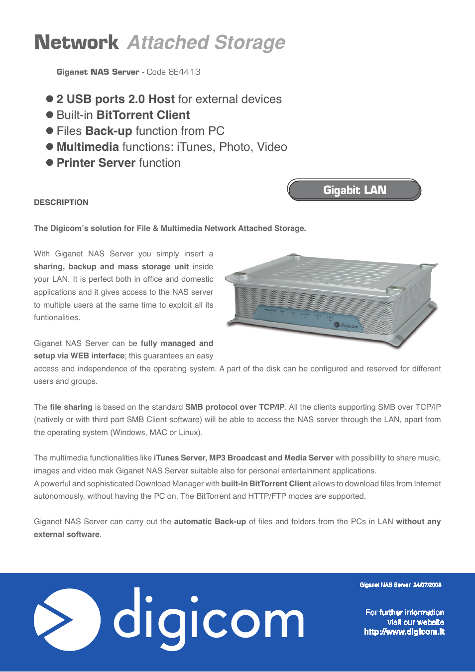 Digicom GigaNet NAS Server BE4413 User Manual | 2 pages