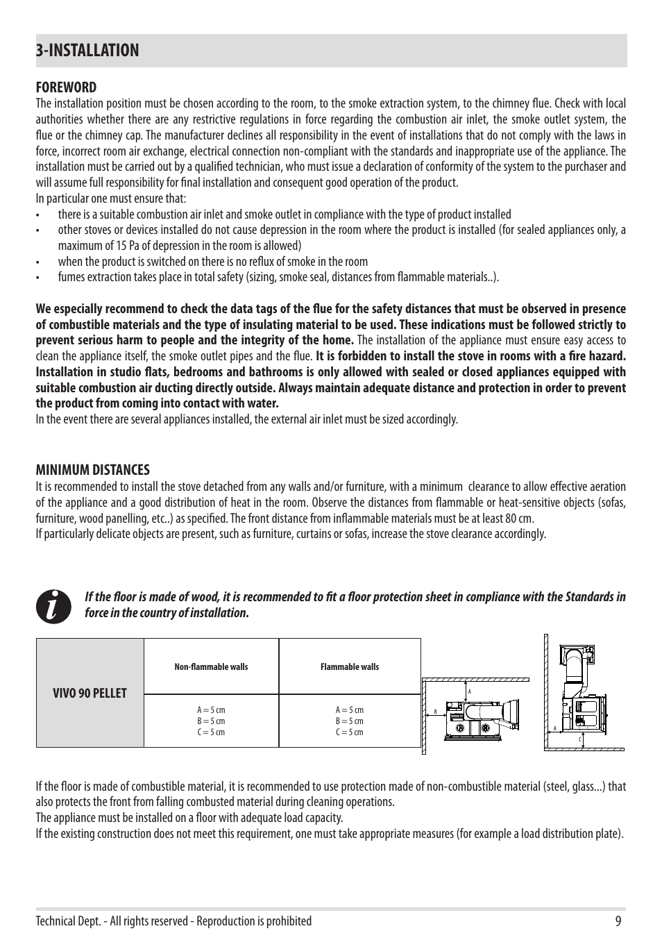 Installation, Foreword, Minimum distances | MCZ Vivo 90 Pellet Comfort Air User Manual | Page 11 / 64
