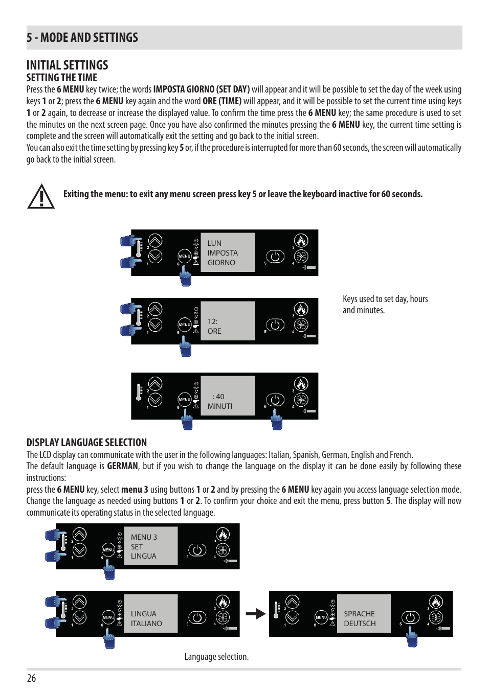 5 - mode and settings initial settings | MCZ Yari AIR User Manual | Page 28 / 55