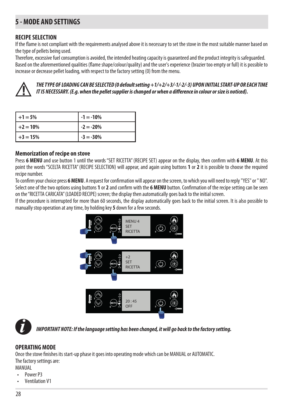 5 - mode and settings | MCZ Yari AIR User Manual | Page 30 / 55