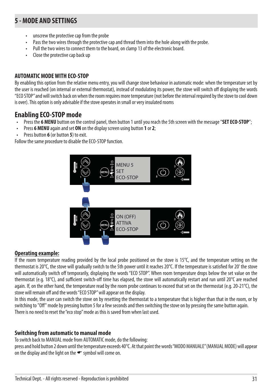 5 - mode and settings, Enabling eco-stop mode | MCZ Yari AIR User Manual | Page 33 / 55