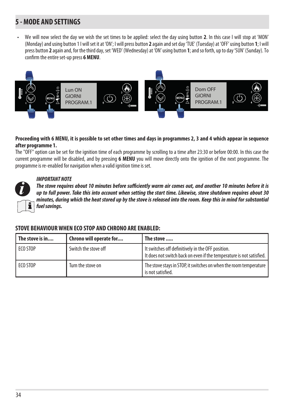 5 - mode and settings | MCZ Yari AIR User Manual | Page 36 / 55