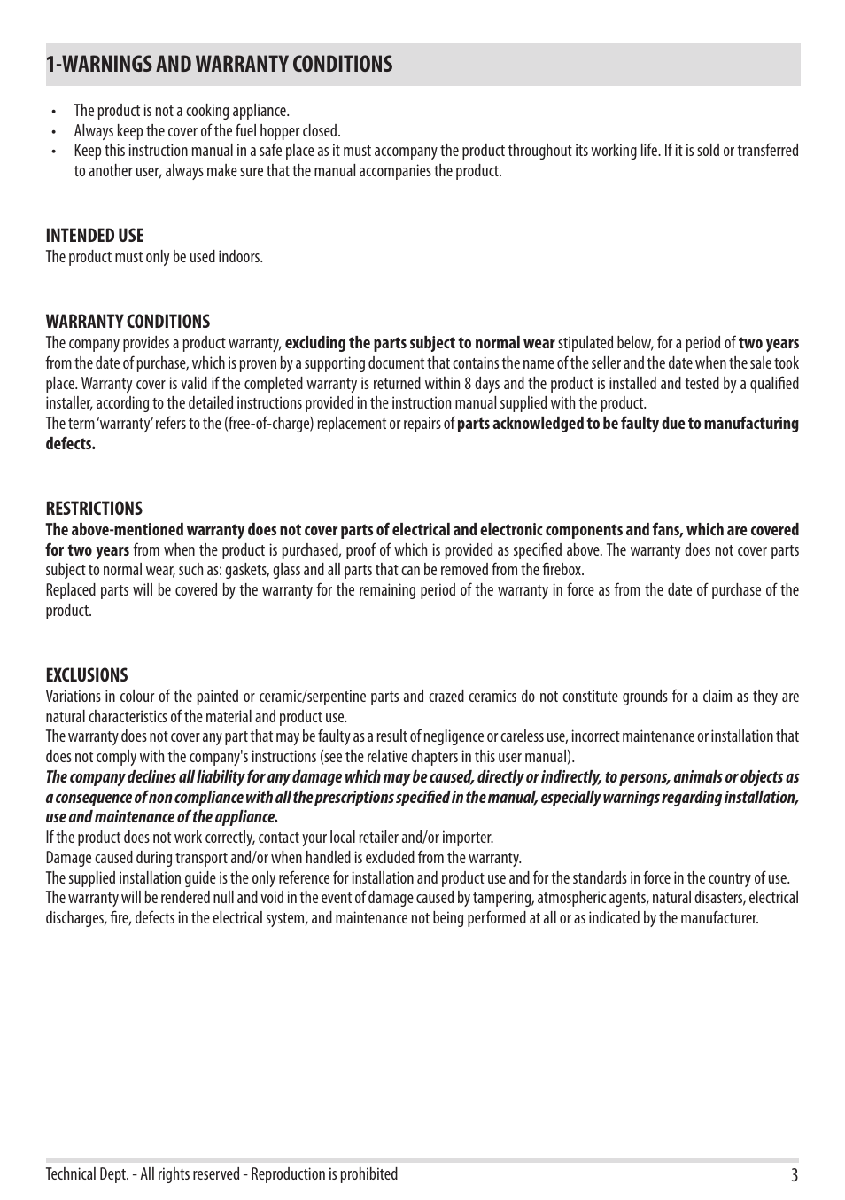 Warnings and warranty conditions | MCZ Yari AIR User Manual | Page 5 / 55