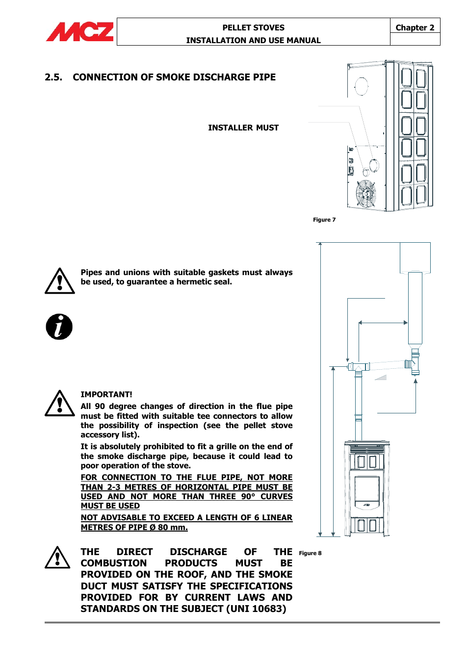 Connection of smoke discharge pipe | MCZ Athos HYDRO 14 kW User Manual | Page 15 / 65
