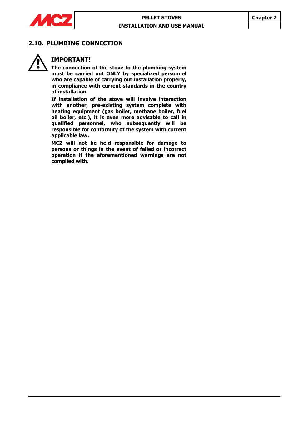 Plumbing connection, Important | MCZ Athos HYDRO 14 kW User Manual | Page 18 / 65