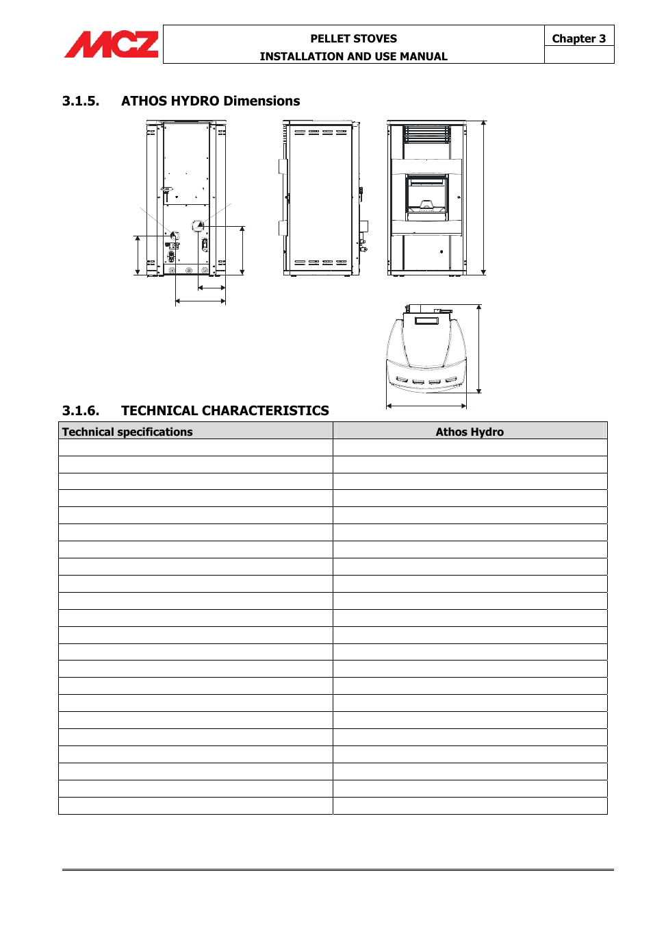 Athos hydro dimensions, Technical characteristics | MCZ Athos HYDRO 14 kW User Manual | Page 21 / 65