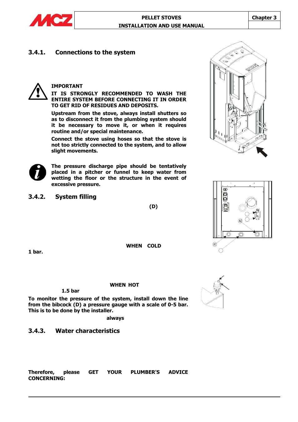 Connections to the system, System filling, Water characteristics | MCZ Athos HYDRO 14 kW User Manual | Page 28 / 65