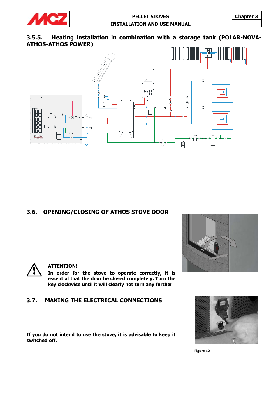 Opening/closing of athos stove door, Making the electrical connections | MCZ Athos HYDRO 14 kW User Manual | Page 32 / 65