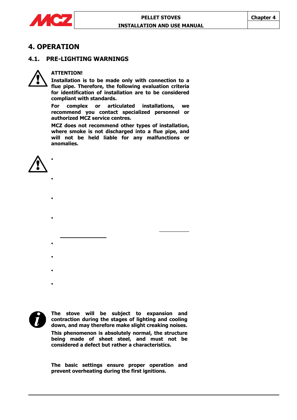 Operation, Pre-lighting warnings | MCZ Athos HYDRO 14 kW User Manual | Page 33 / 65