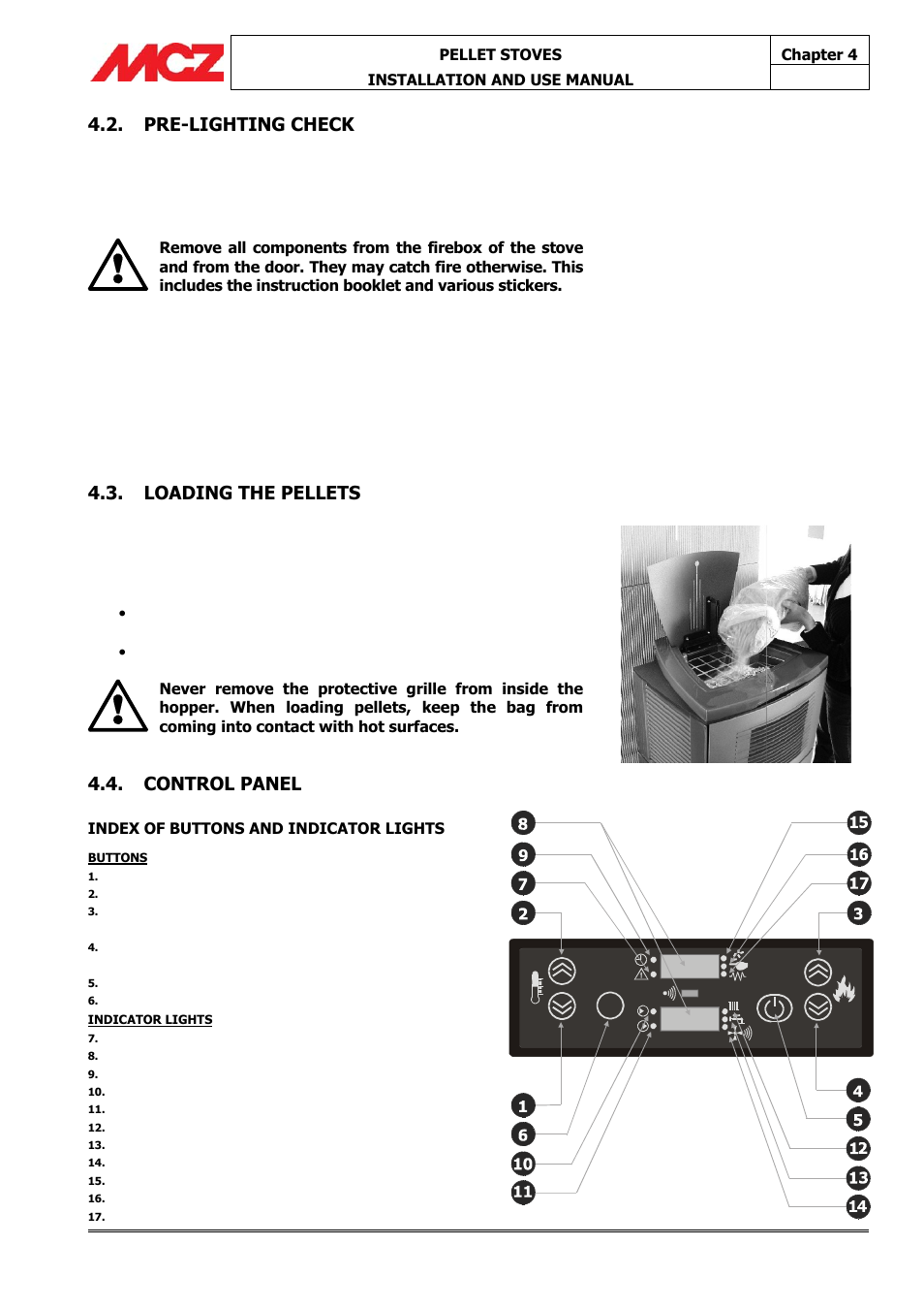 Pre-lighting check, Loading the pellets, Control panel | MCZ Athos HYDRO 14 kW User Manual | Page 34 / 65