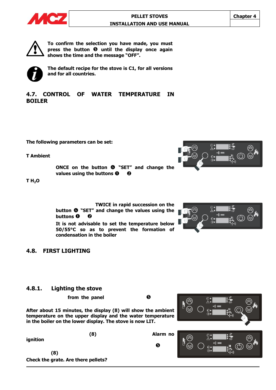 18°c 43°c, Amb 22°c, H2o 70°c | Control of water temperature in boiler, First lighting, Lighting the stove | MCZ Athos HYDRO 14 kW User Manual | Page 37 / 65