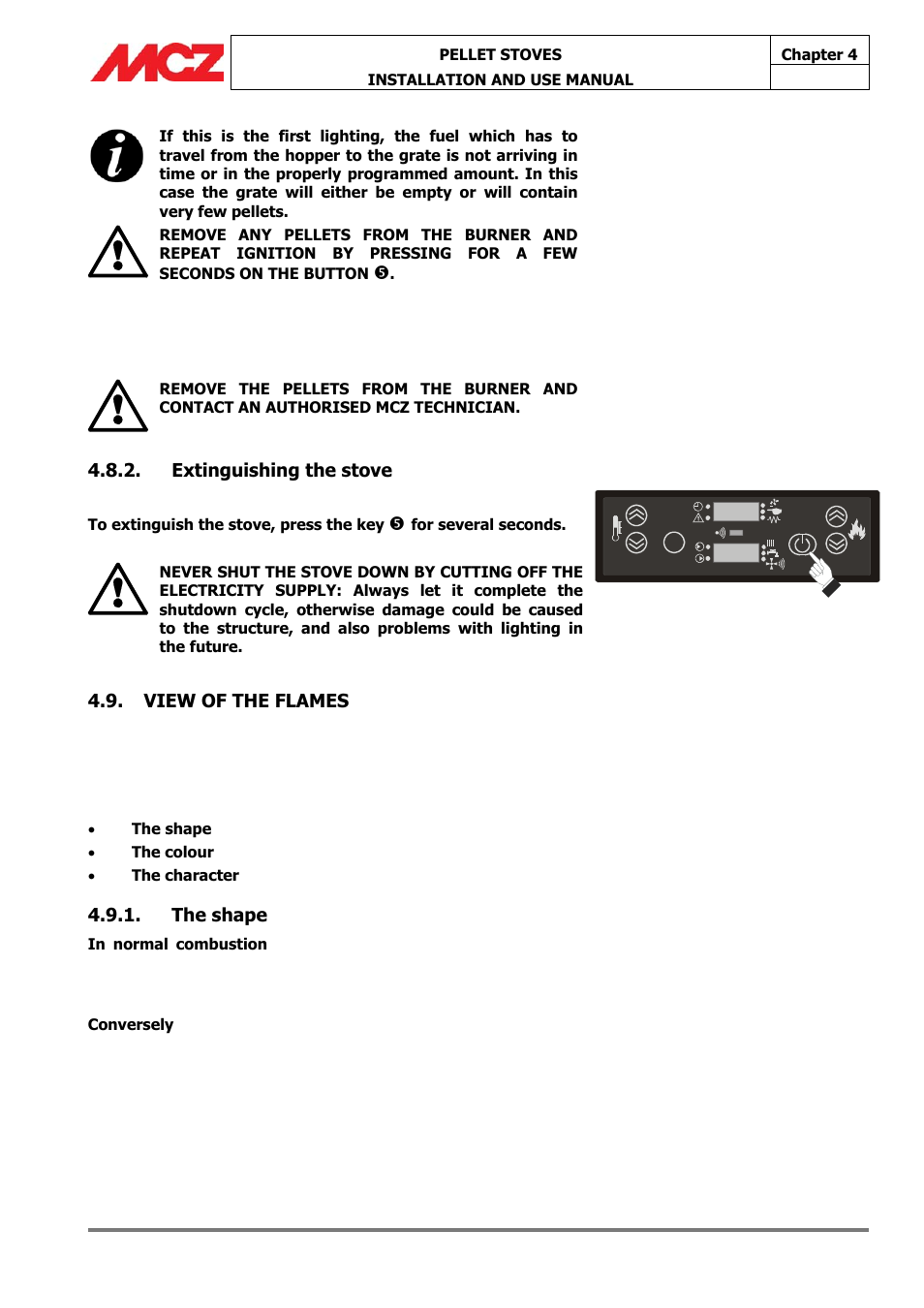 Off 20 41, Extinguishing the stove, View of the flames | The shape | MCZ Athos HYDRO 14 kW User Manual | Page 38 / 65
