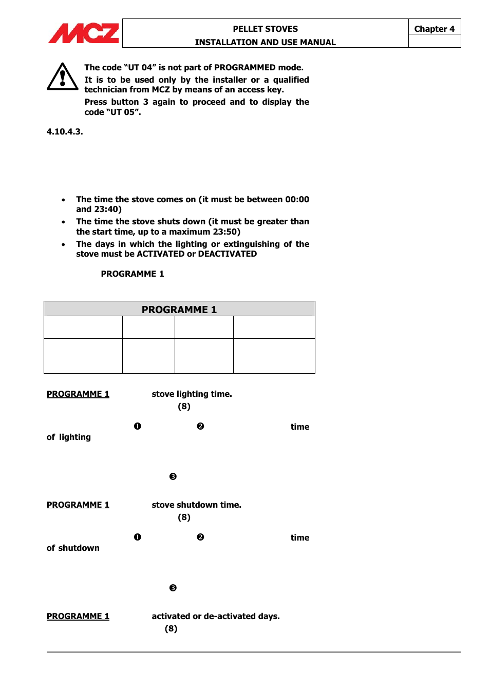 Programme 1 | MCZ Athos HYDRO 14 kW User Manual | Page 45 / 65