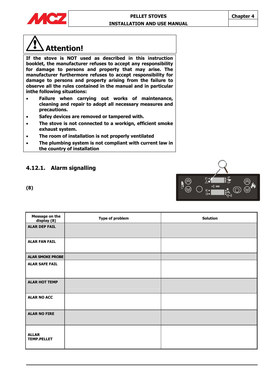 Attention, Alar, Alarm signalling | MCZ Athos HYDRO 14 kW User Manual | Page 51 / 65