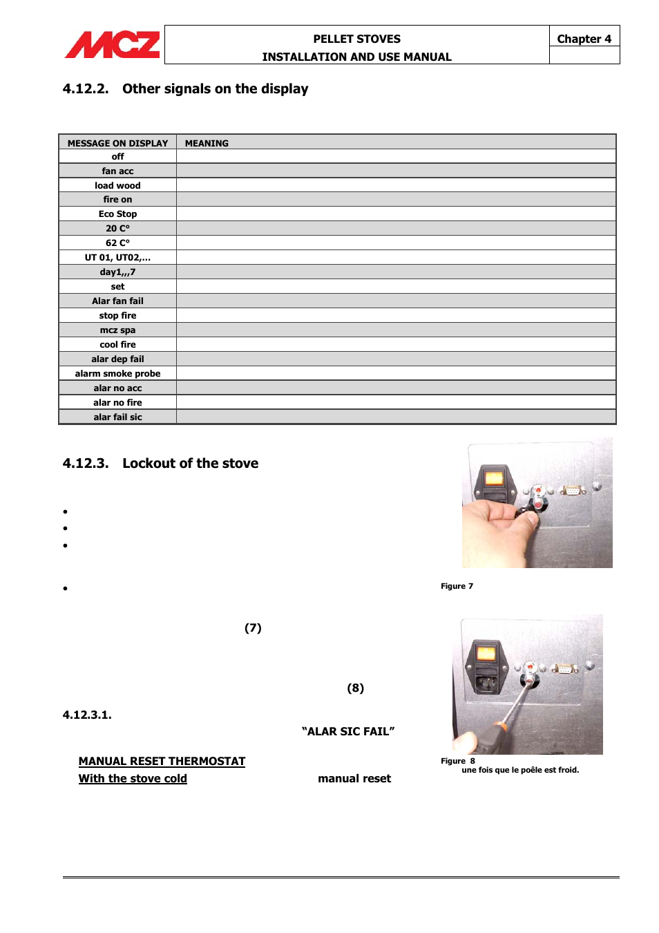 Other signals on the display, Lockout of the stove | MCZ Athos HYDRO 14 kW User Manual | Page 52 / 65