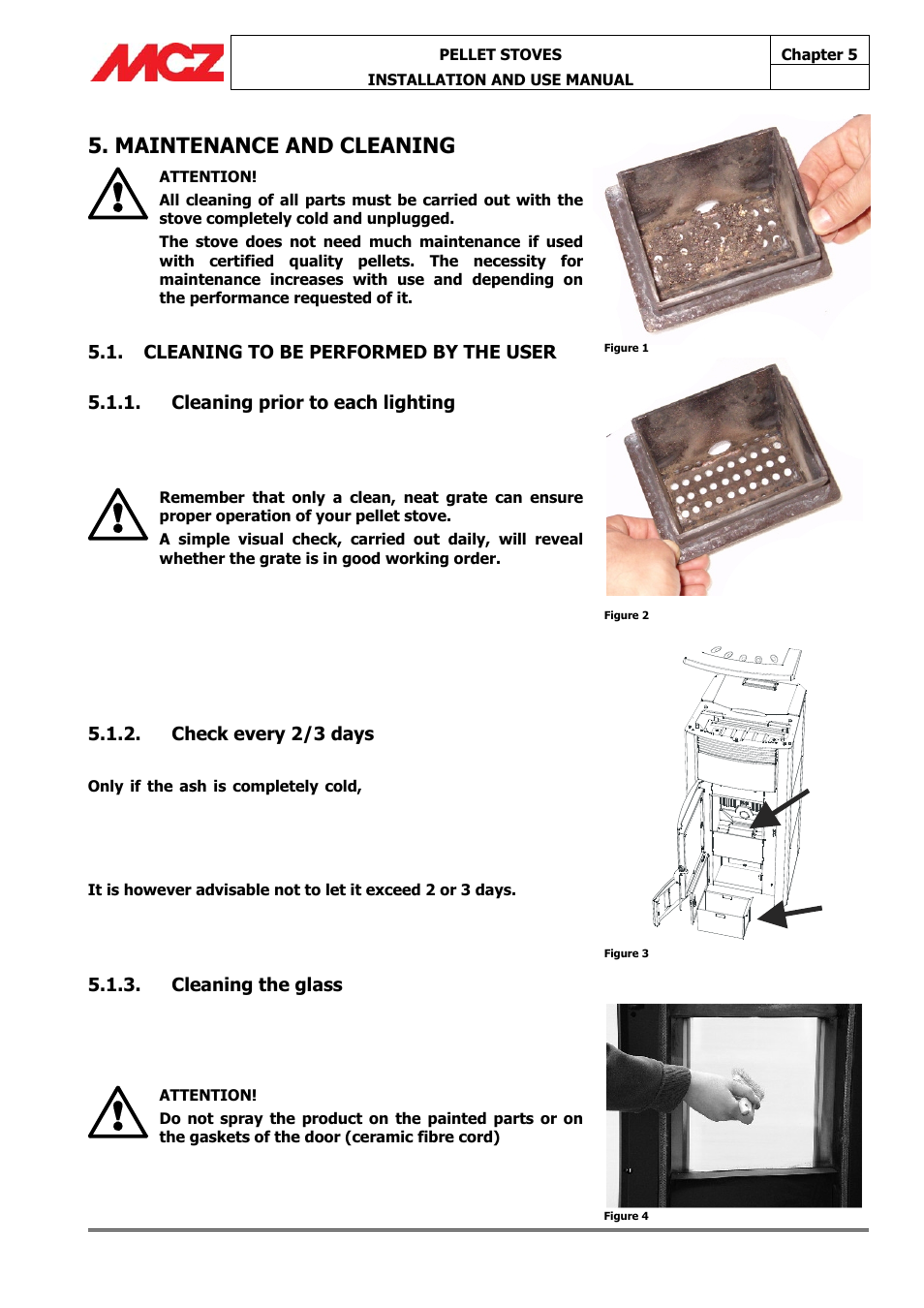 Maintenance and cleaning, Check every 2/3 days, Cleaning the glass | MCZ Athos HYDRO 14 kW User Manual | Page 55 / 65