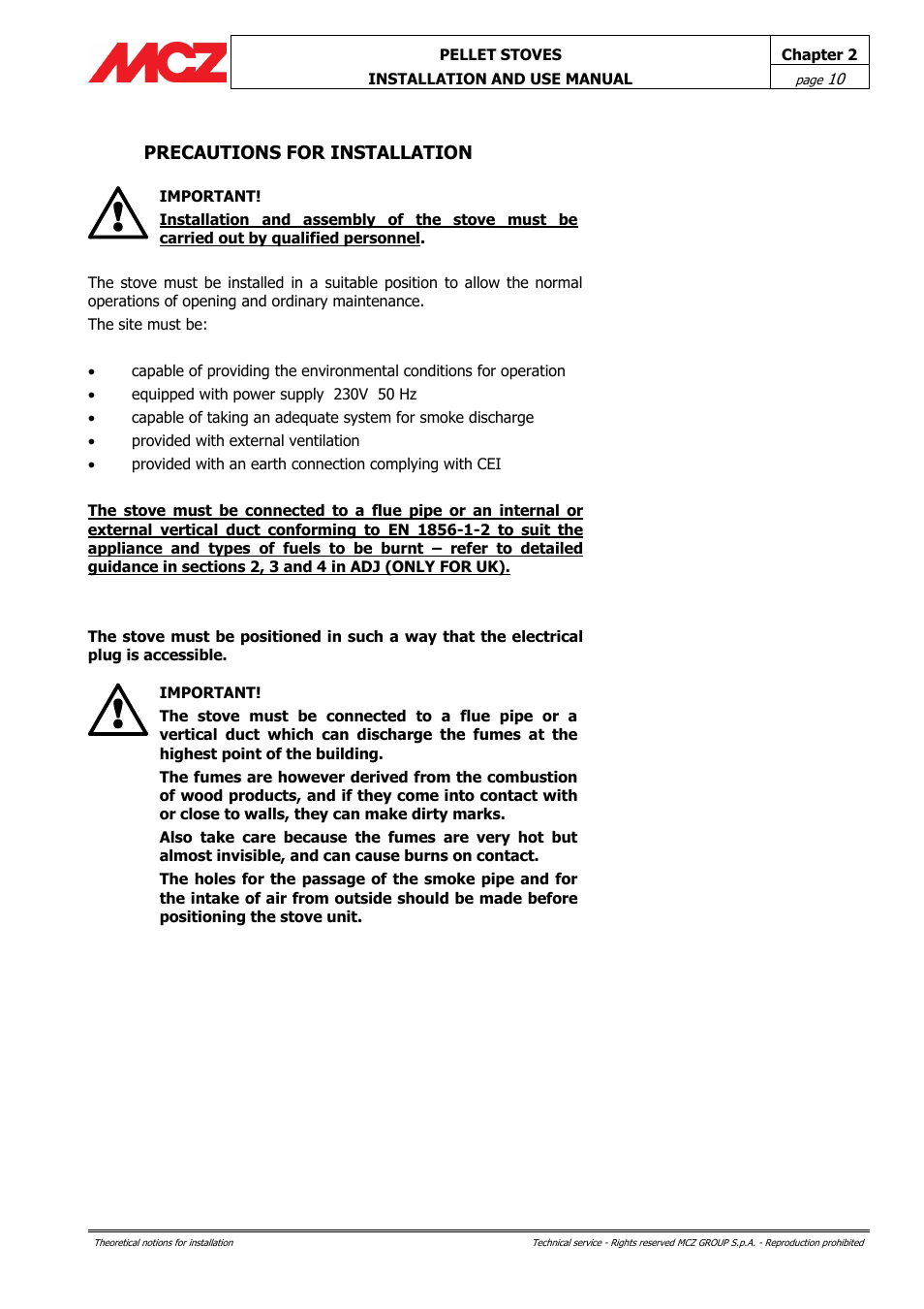 Precautions for installation | MCZ Club HYDRO 15 kW User Manual | Page 10 / 48