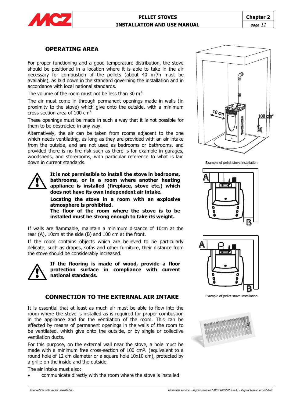 Operating area, Connection to the external air intake | MCZ Club HYDRO 15 kW User Manual | Page 11 / 48