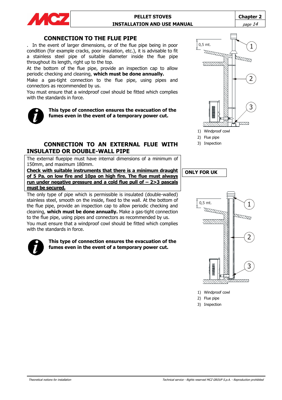 Connection to the flue pipe | MCZ Club HYDRO 15 kW User Manual | Page 14 / 48