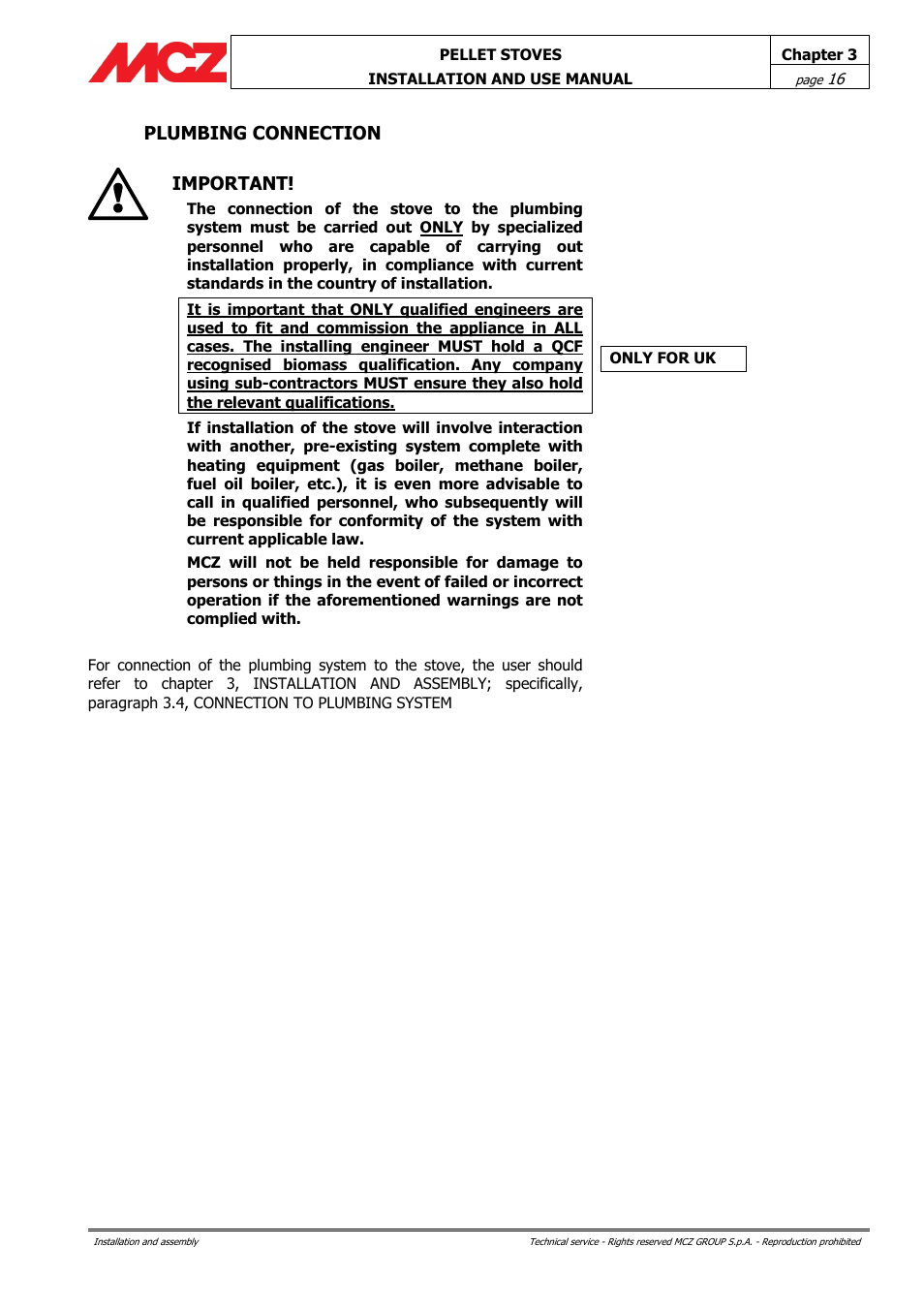 Plumbing connection, Important | MCZ Club HYDRO 15 kW User Manual | Page 16 / 48
