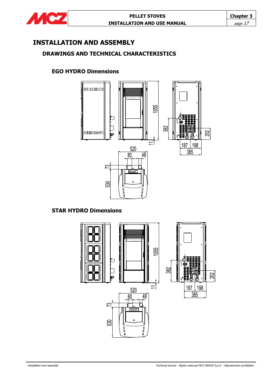 Installation and assembly, Drawings and technical characteristics, Ego hydro dimensions | Star hydro dimensions | MCZ Club HYDRO 15 kW User Manual | Page 17 / 48