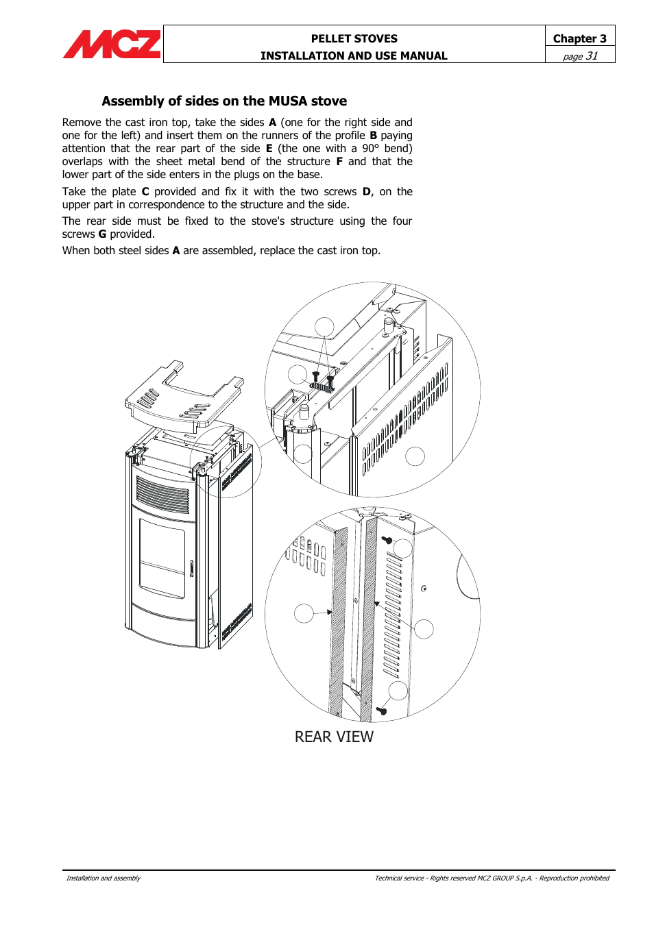 Assembly of sides on the musa stove, Rear view | MCZ Club HYDRO 15 kW User Manual | Page 31 / 48