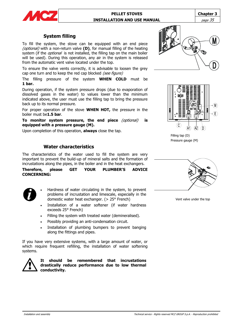 System filling, Water characteristics, Grey plug loosened 1 turn red plug blocked | MCZ Club HYDRO 15 kW User Manual | Page 35 / 48