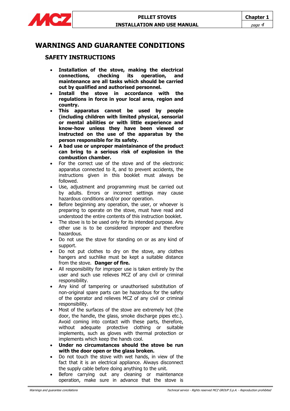 Warnings and guarantee conditions, Safety instructions | MCZ Club HYDRO 15 kW User Manual | Page 4 / 48