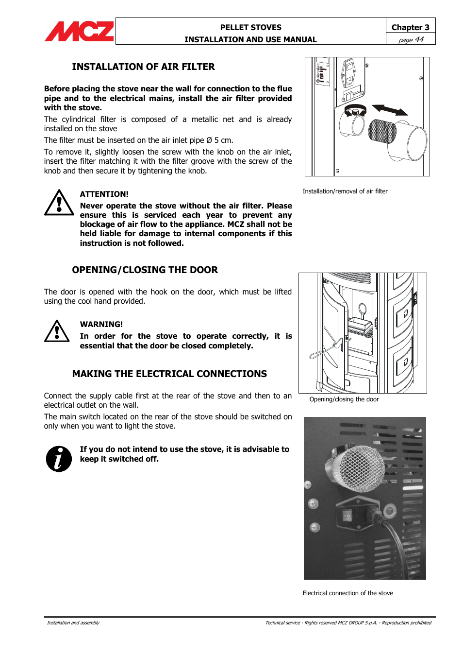 Installation of air filter, Opening/closing the door, Making the electrical connections | MCZ Club HYDRO 15 kW User Manual | Page 44 / 48