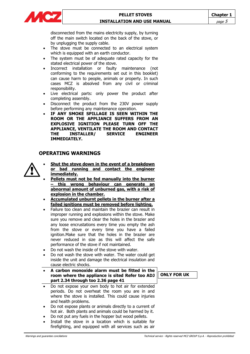 Operating warnings | MCZ Club HYDRO 15 kW User Manual | Page 5 / 48