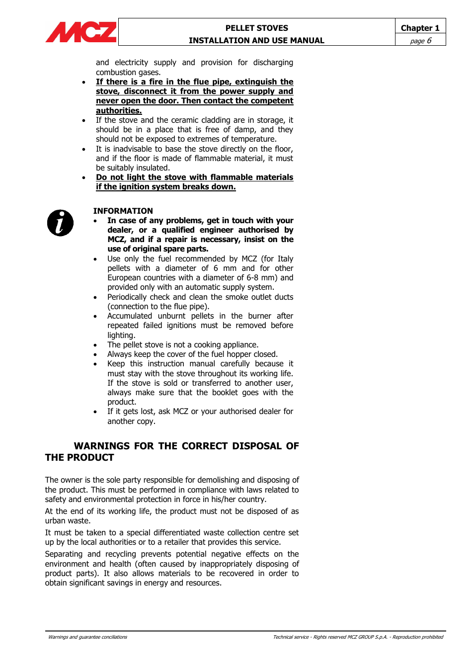 Warnings for the correct disposal of the product | MCZ Club HYDRO 15 kW User Manual | Page 6 / 48