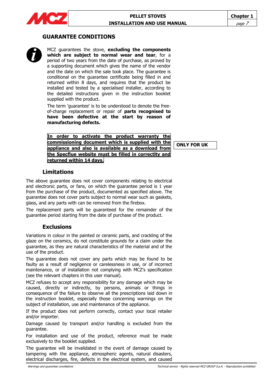 Guarantee conditions, Limitations, Exclusions | MCZ Club HYDRO 15 kW User Manual | Page 7 / 48