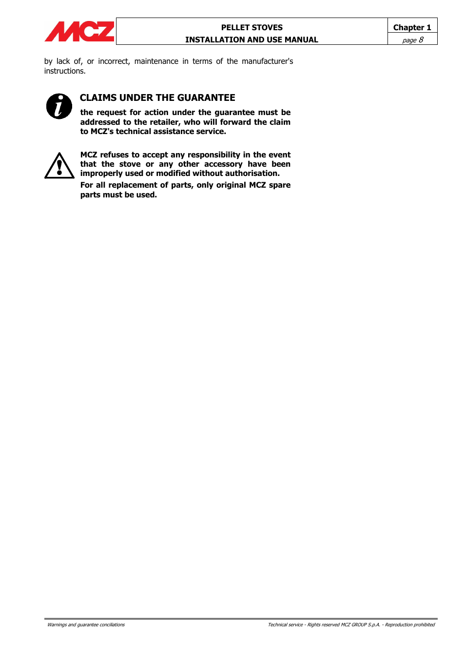Claims under the guarantee | MCZ Club HYDRO 15 kW User Manual | Page 8 / 48