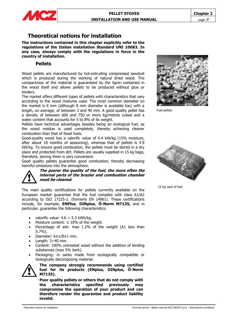 Theoretical notions for installation, Pellets | MCZ Club HYDRO 15 kW User Manual | Page 9 / 48