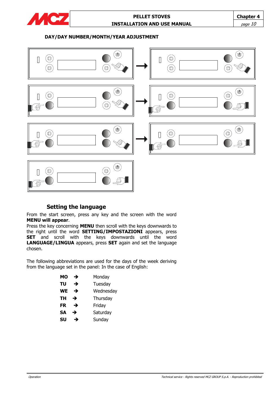 Setting the language | MCZ Club HYDRO 15 kW User Manual | Page 10 / 44
