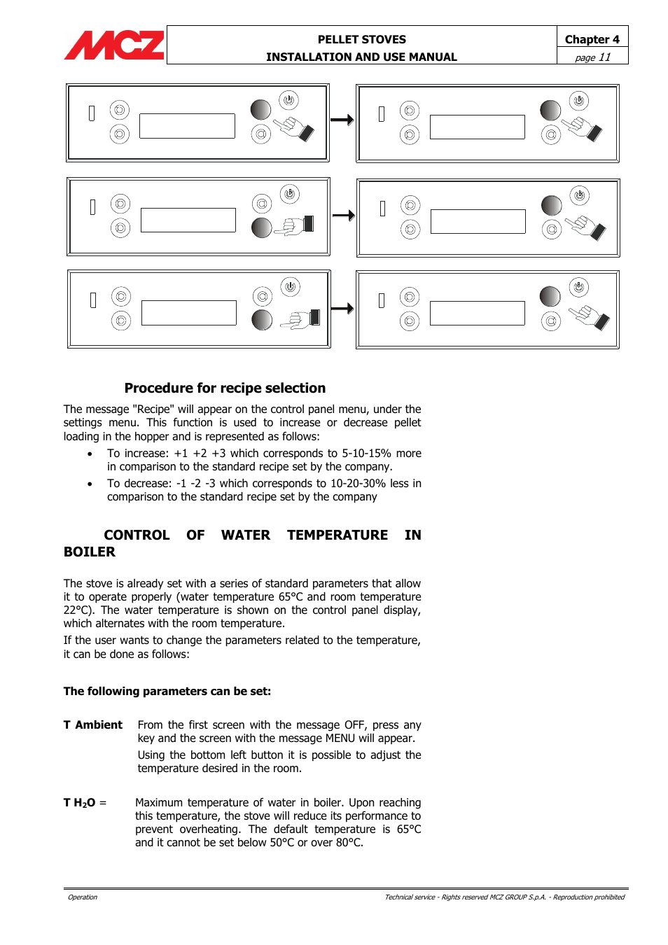 Procedure for recipe selection, Control of water temperature in boiler | MCZ Club HYDRO 15 kW User Manual | Page 11 / 44