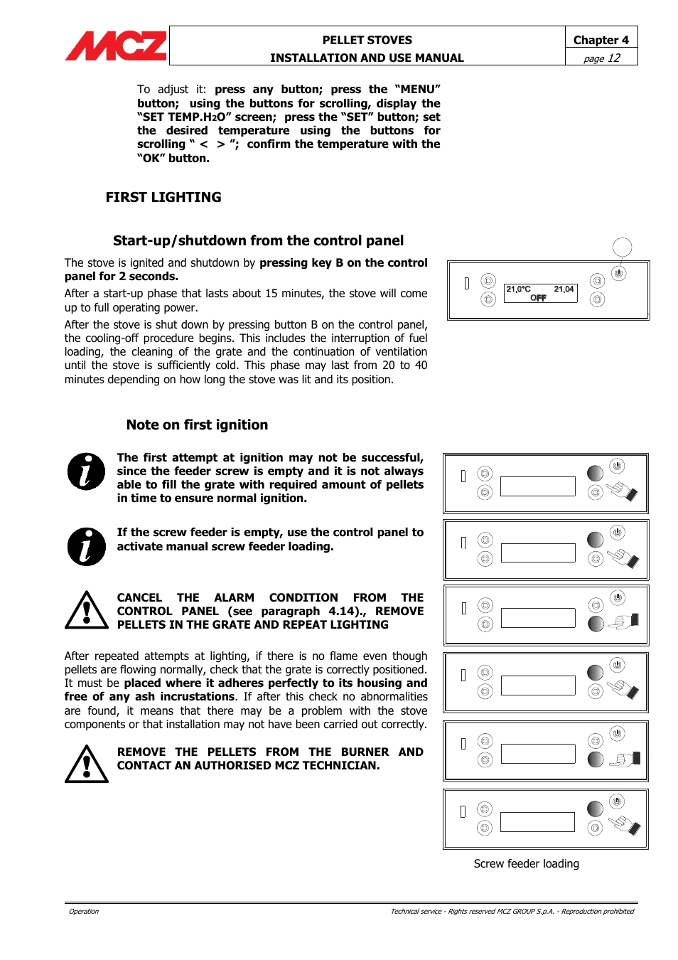 First lighting, Start-up/shutdown from the control panel, Note on first ignition | MCZ Club HYDRO 15 kW User Manual | Page 12 / 44