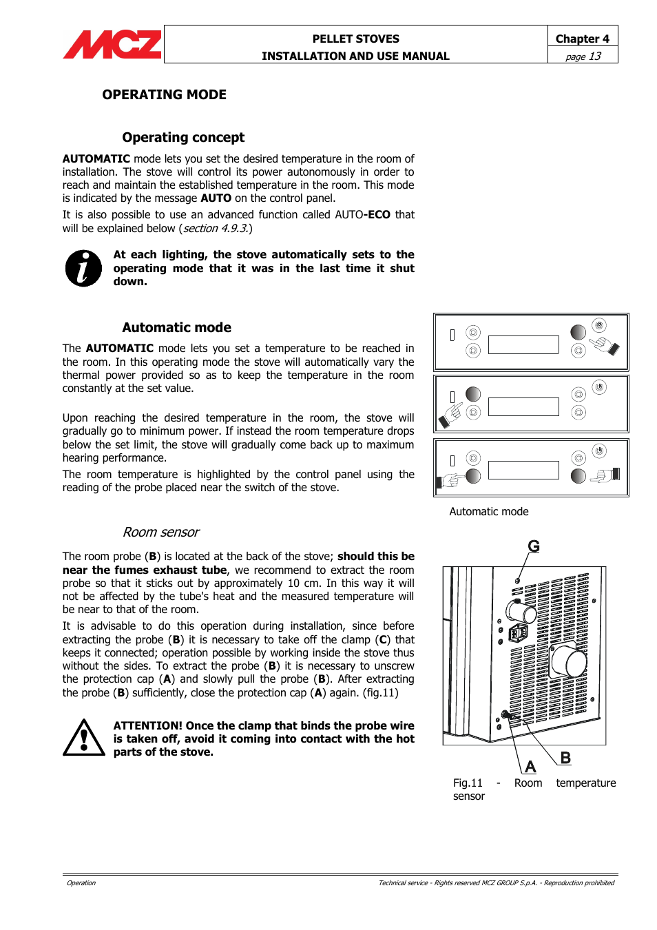 Operating mode, Operating concept, Automatic mode | Room sensor, Operating mode 4.11.1. operating concept | MCZ Club HYDRO 15 kW User Manual | Page 13 / 44