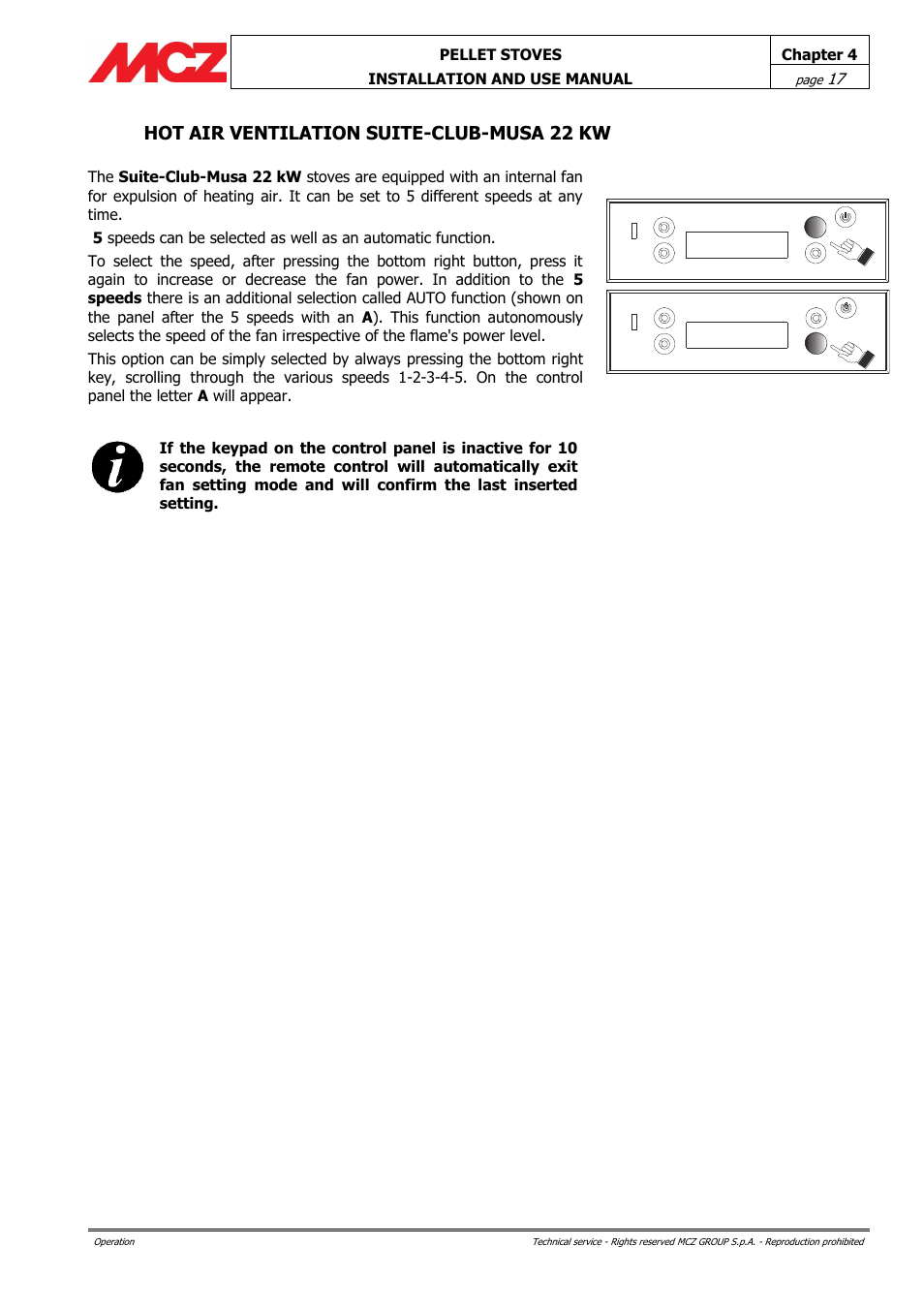 Hot air ventilation suite-club-musa 22 kw | MCZ Club HYDRO 15 kW User Manual | Page 17 / 44