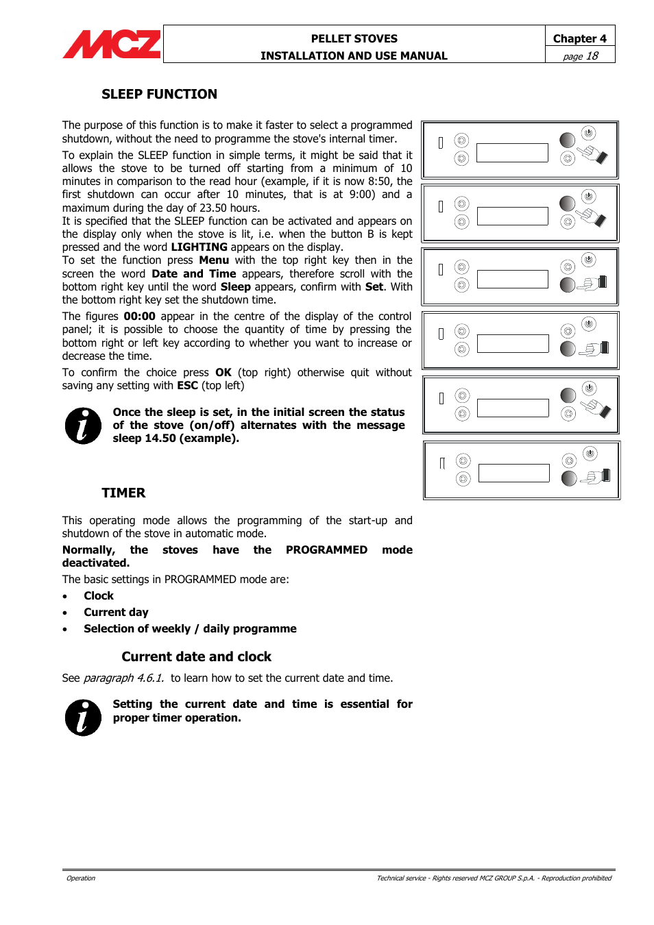 Sleep function, Timer, Current date and clock | MCZ Club HYDRO 15 kW User Manual | Page 18 / 44