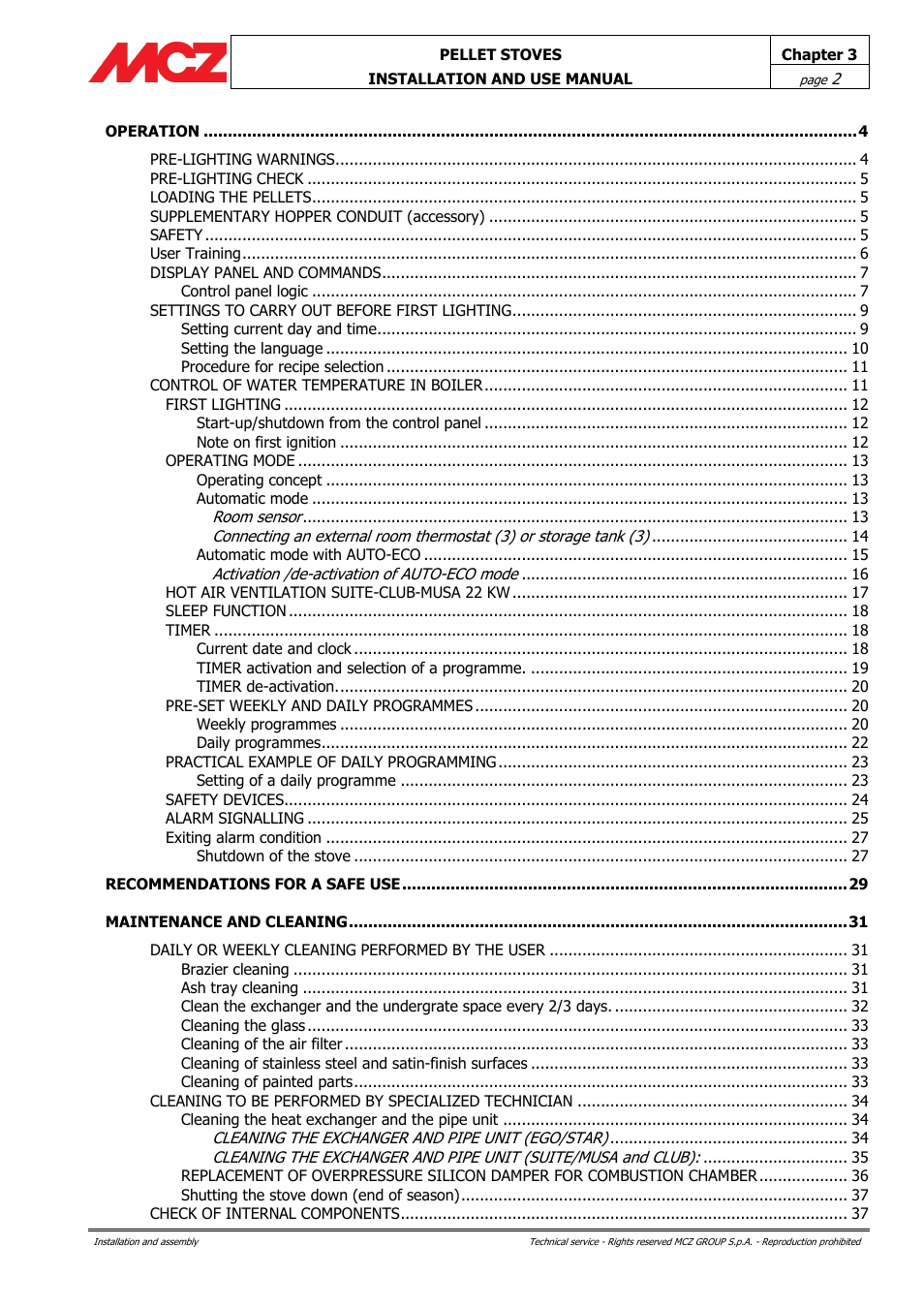 MCZ Club HYDRO 15 kW User Manual | Page 2 / 44