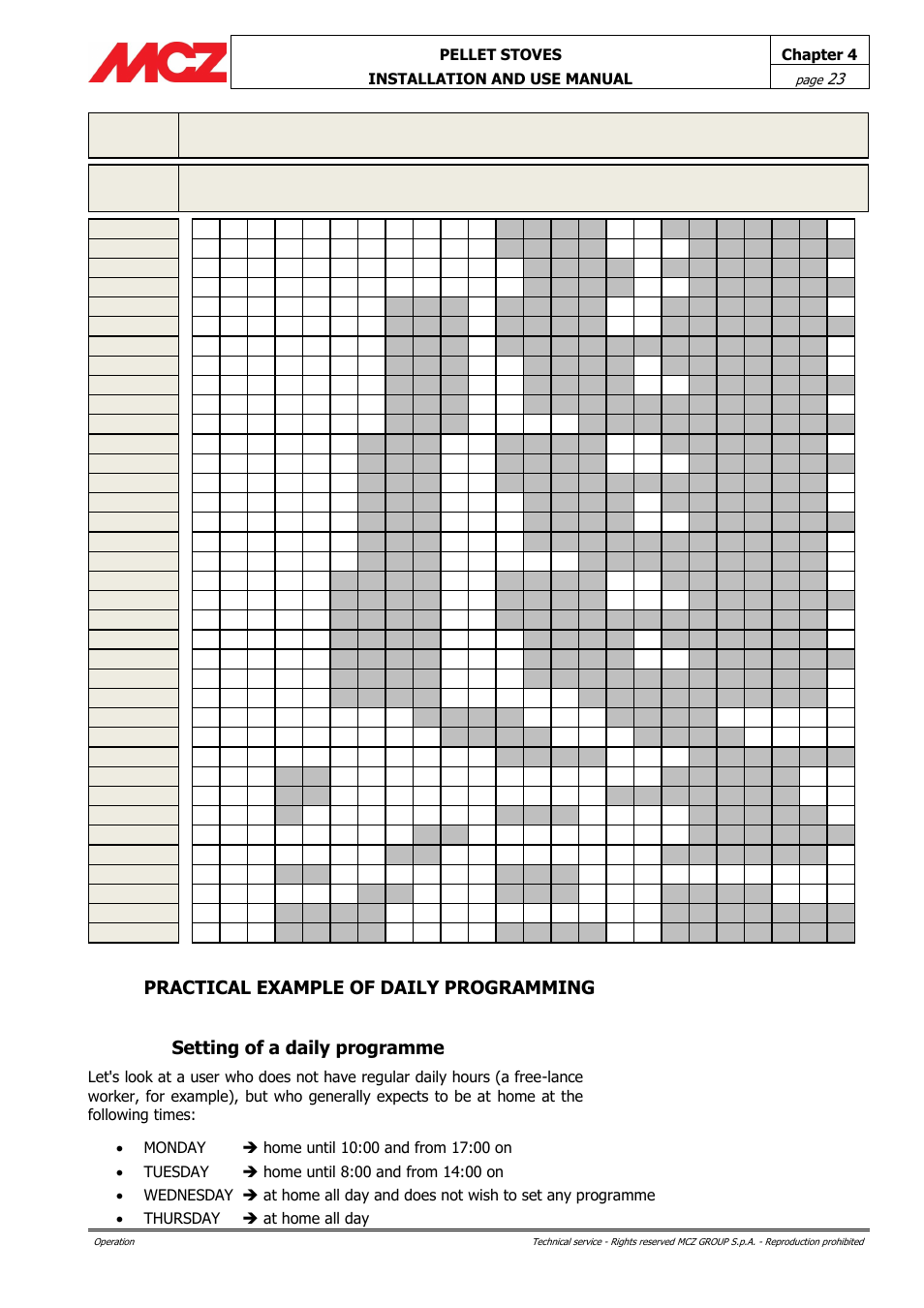 Practical example of daily programming, Setting of a daily programme | MCZ Club HYDRO 15 kW User Manual | Page 23 / 44
